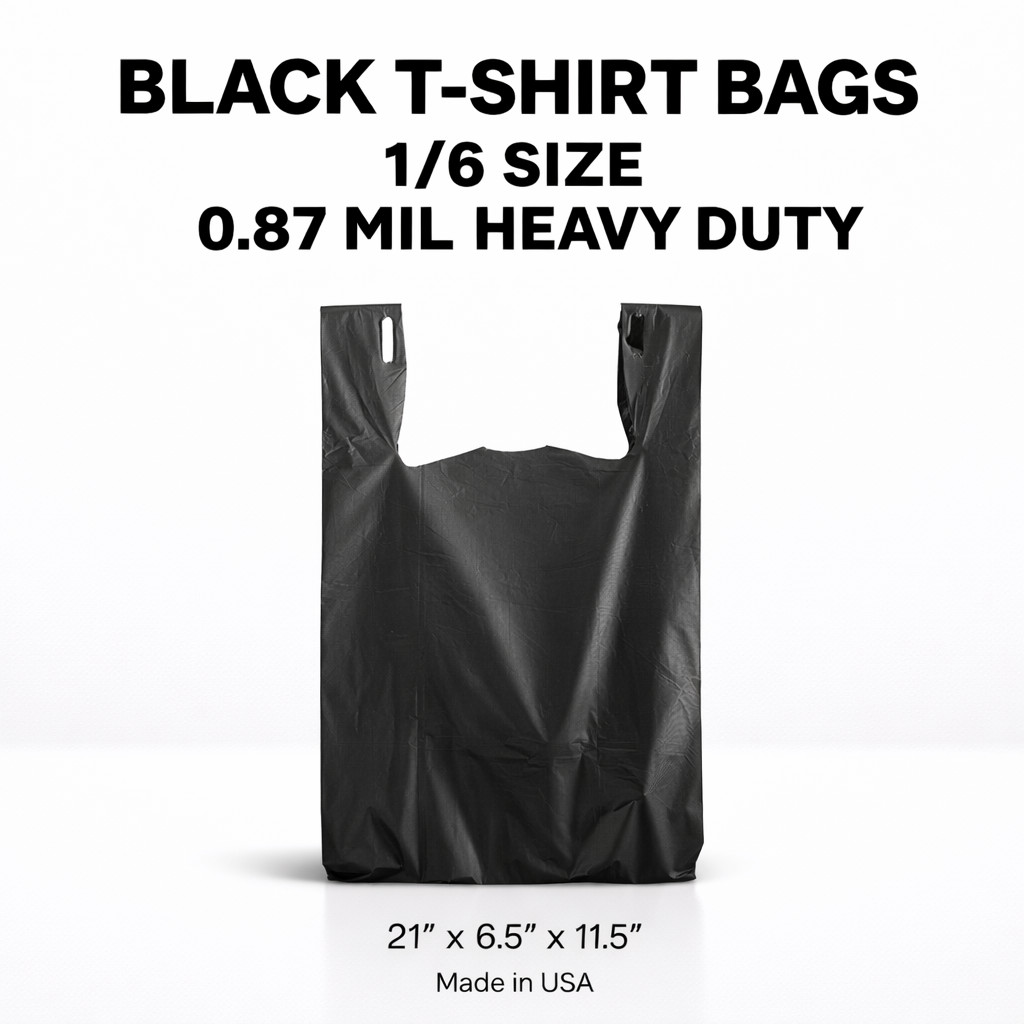 Bags 1/6 21 x 6.5 x 11.5 Heavy Duty .87 Mil  BLACK T-Shirt Plastic Shopping Bags