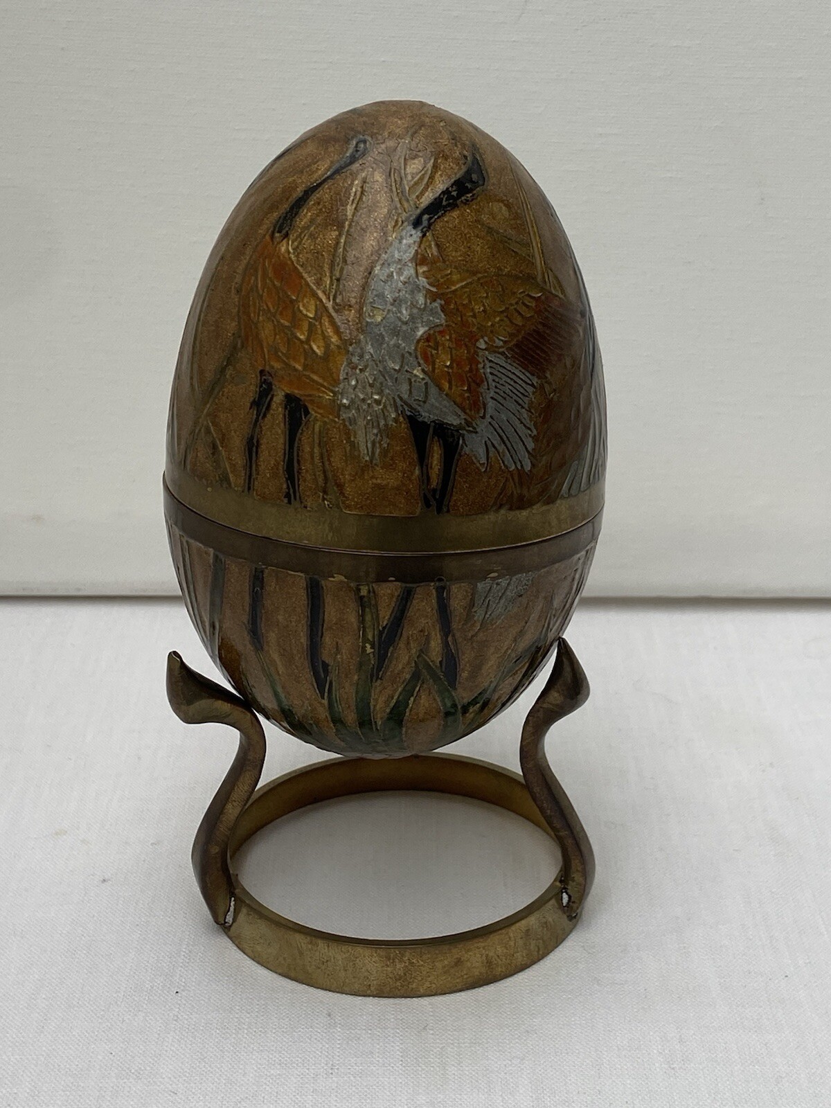 Solid Brass Egg & Stand Cloisonne Painted Trinket Box Ornate Enamel India Birds