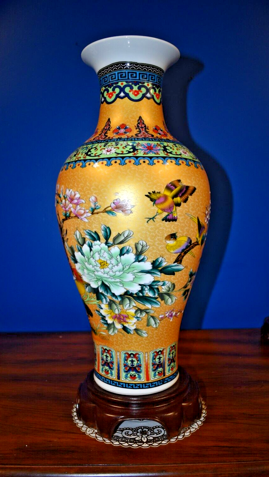 18" GOLDEN PHOENIX BIRD CHINESE JINGDEZHEN PORCELAIN VASE W/STAND