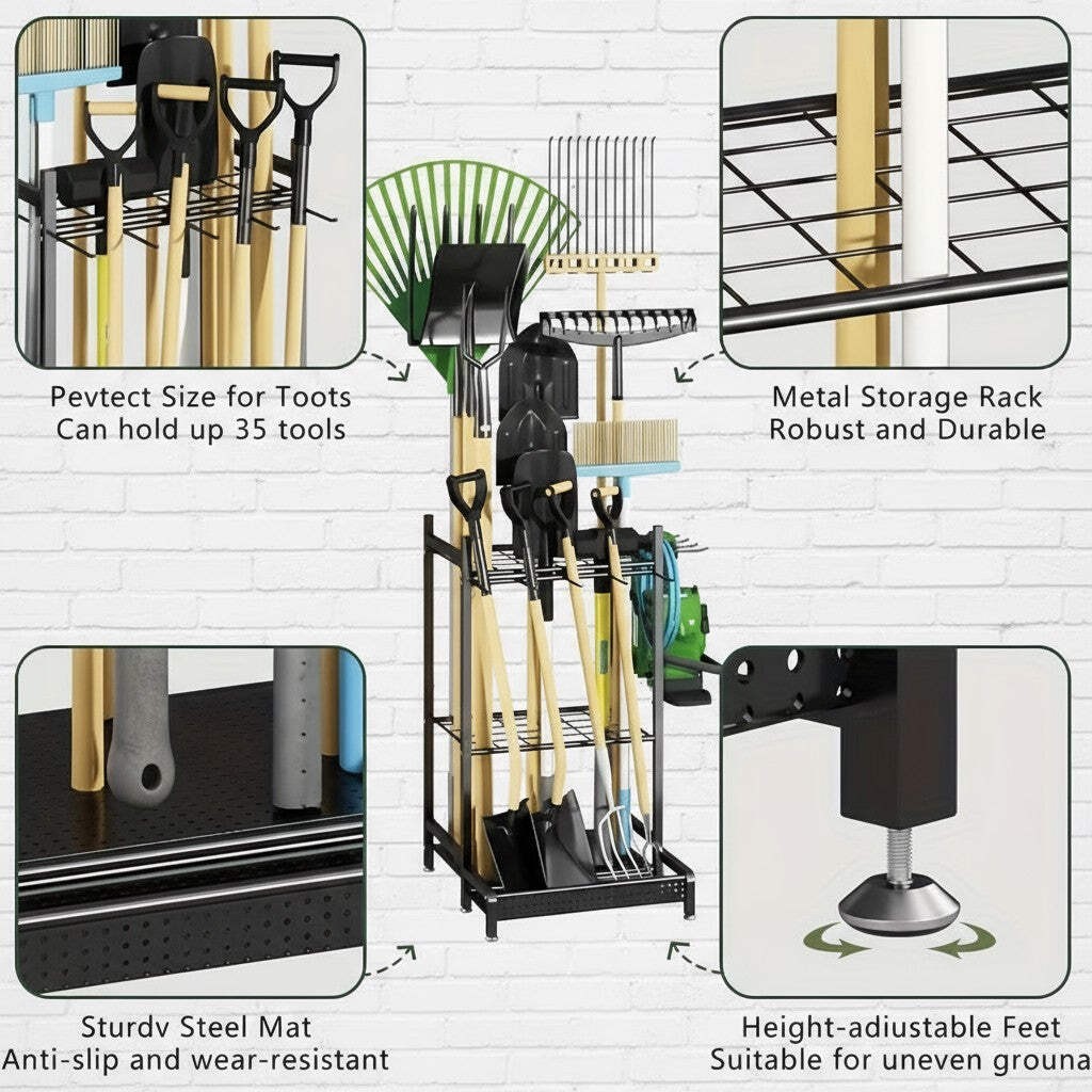 Heavy-Duty Garden Tool Organizer Rack for Garage & Yard