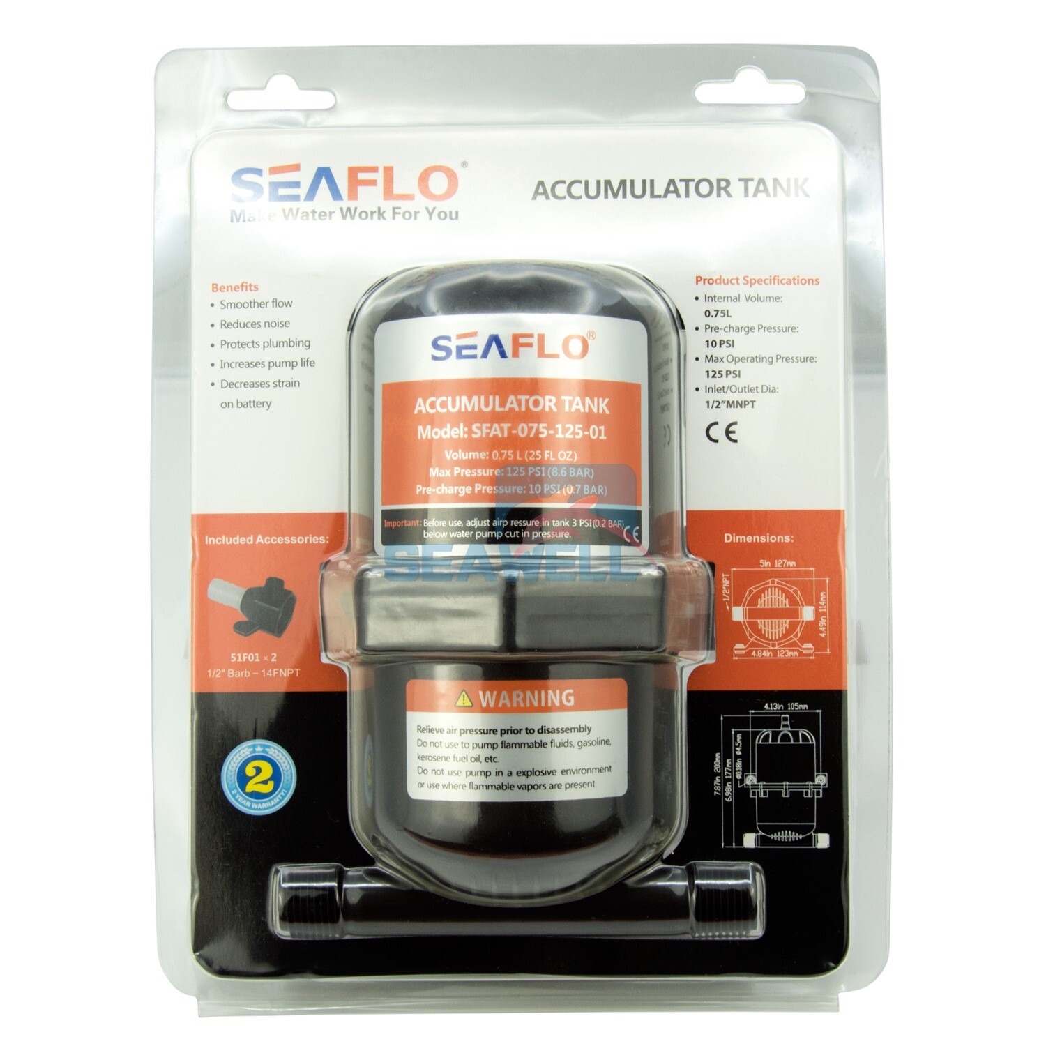 Seaflo Marine RV Water Accumulator Tank Boat Water Pump Pressure 0.75L