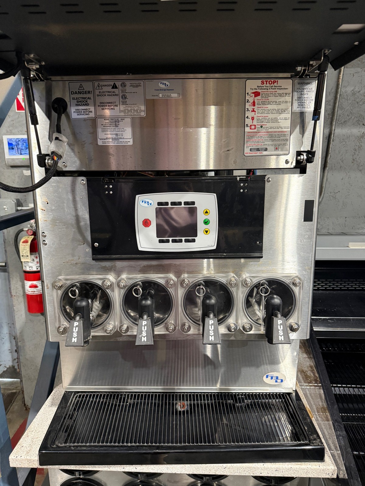 FBD FBD774-RC 4-FLAVOR FROZEN BEVERAGE MACHINE ON CUP DISPENSER STAND