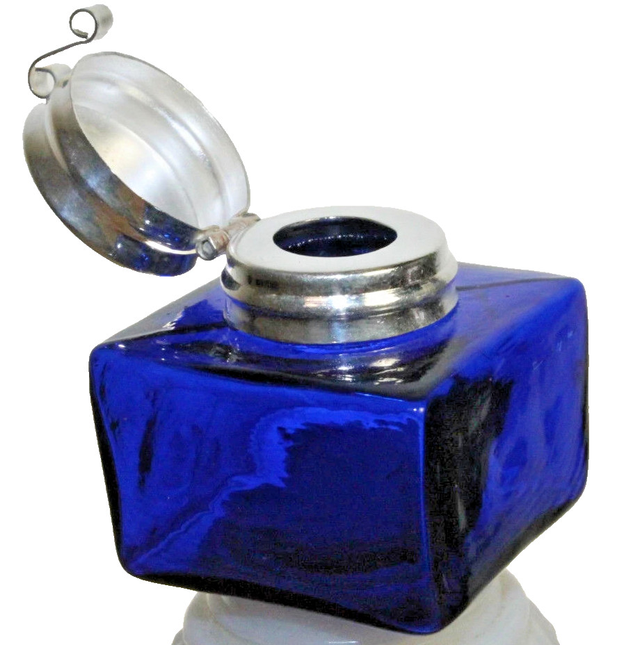 Vintage 1978 Square Cobalt Blue Glass Inkwell Bottle Sterling Silver Top