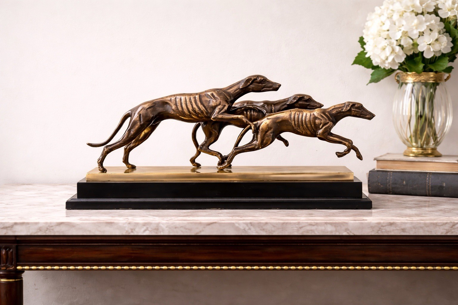 Beautiful and Rare 3 Greyhounds Racing Bronze Sculpture/Statue