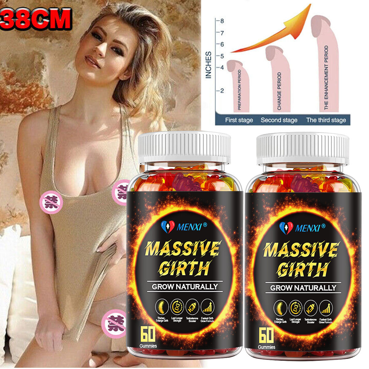 #1 BEST-MALE ENLARGER THICKER LONGER BIGGER 4" GROWTH ENLARGEMENT 120 GUMMIES