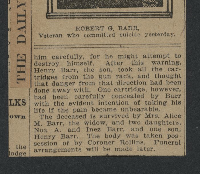 0227----1906 Robert G. Barr - Civil War Vet 21st Kentucky Inf suicide in Denver