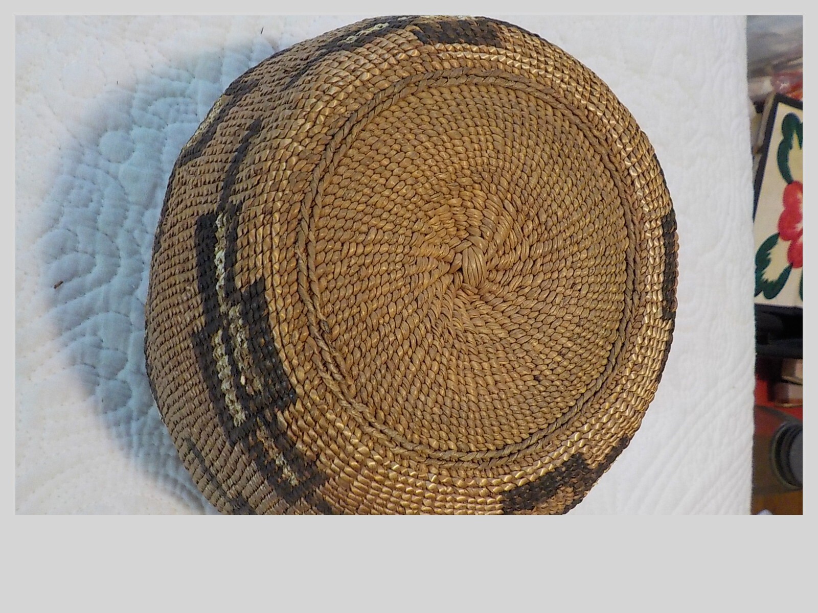 Antique Klamath Basket with Yellow dyed bird quill c. 1900 7" x 5"