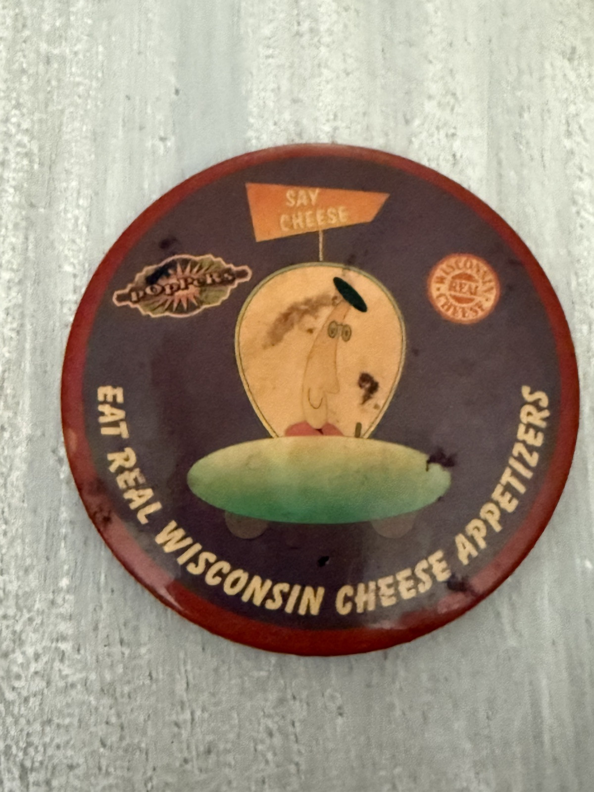 Vintage East Real Wisconsin Cheese Appetizers Poppers 3.5" Button Pin