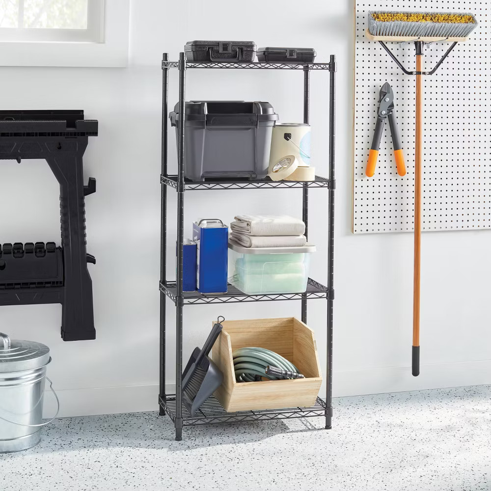 4 Tier Wire Shelving Black - Brightroom: Steel Utility Storage, Adjustable Feet