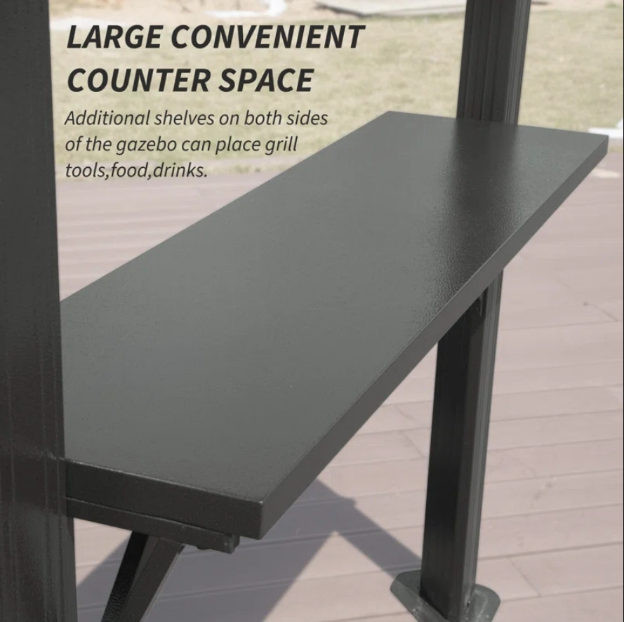 Domi Hardtop Double Roof Grill Gazebo 8x5FT w/Galvanized Steel,Side Shelves,Grey