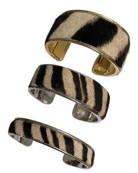 GENUINE ZEBRA HIDE CHANNEL CUFF BRACELET BANGLE - 3 Widths - Gold or Silver NEW