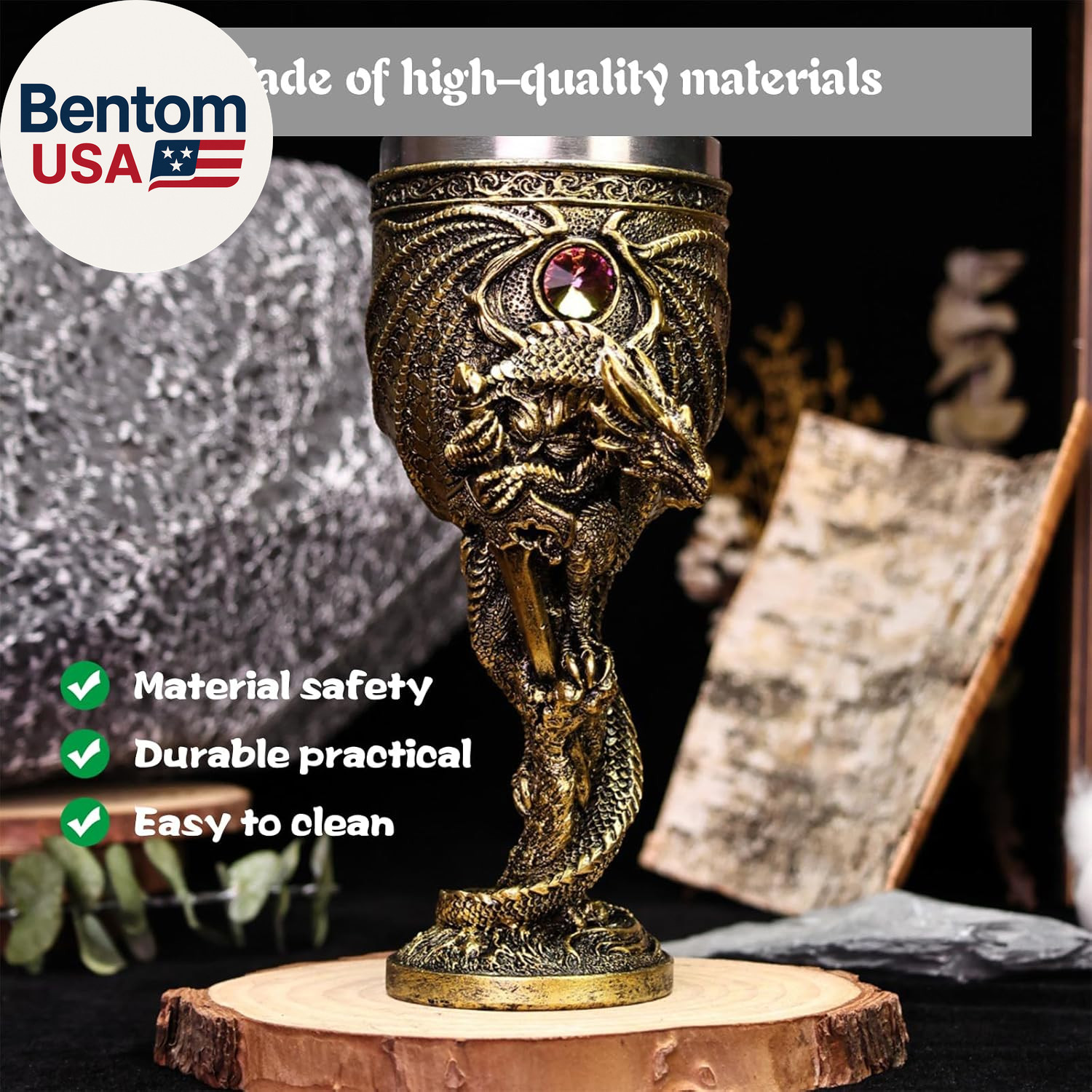 Medieval Flame Dragon Wine Goblet,Goblet Resin Wine Cup with Stainless Steel Lin