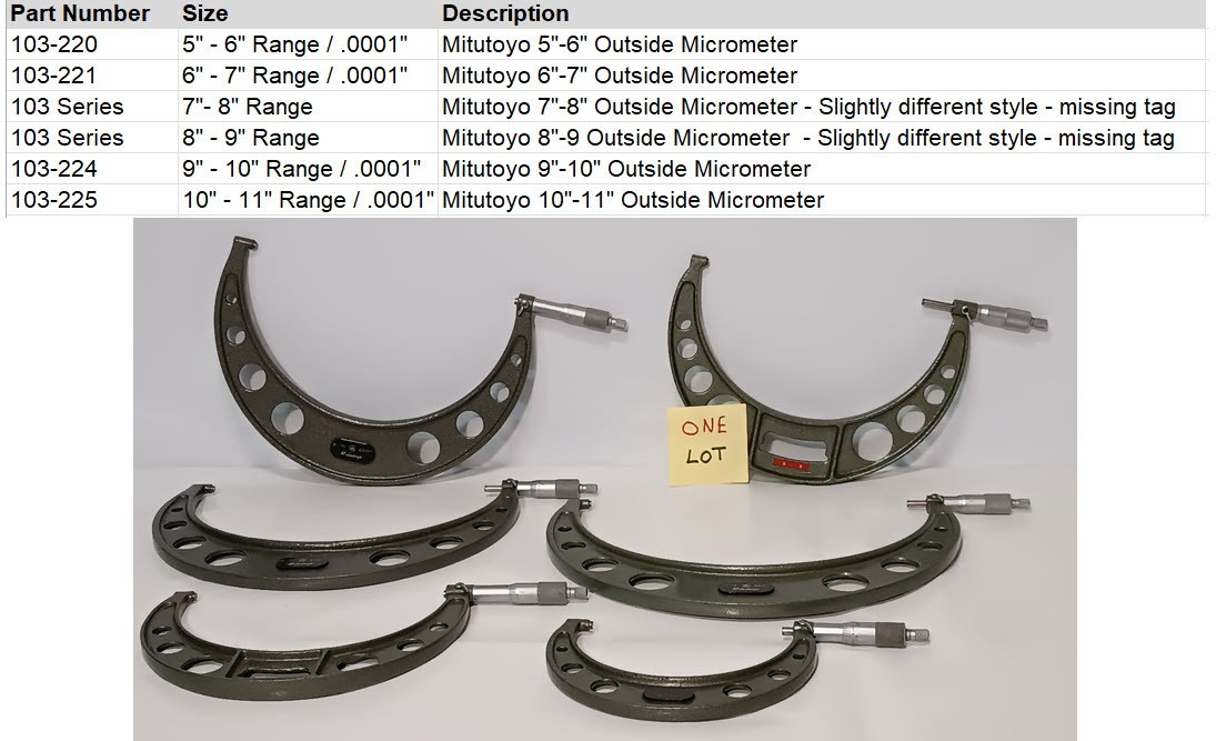 Mitutoyo Outside Micrometer Set, 6 Sizes, 5" - 11" Overall Range, .0001" Grad
