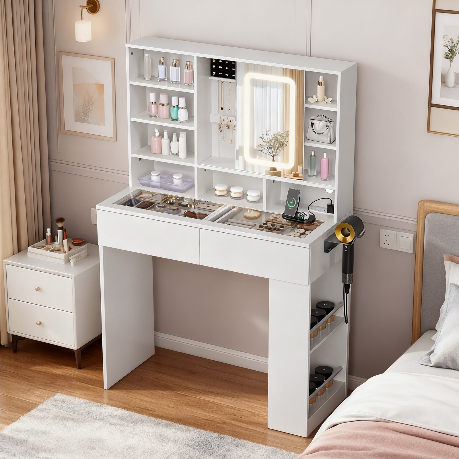 All-in-One Vanity Desk with 3 Colors Lighted Mirror and AC/USB Charging Station