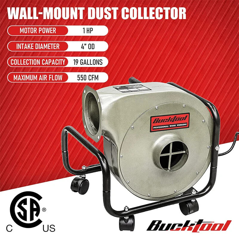 550CFM Airflow Dust Collector, 1HP 6.5A Wall-Mount Unit with Remote Control