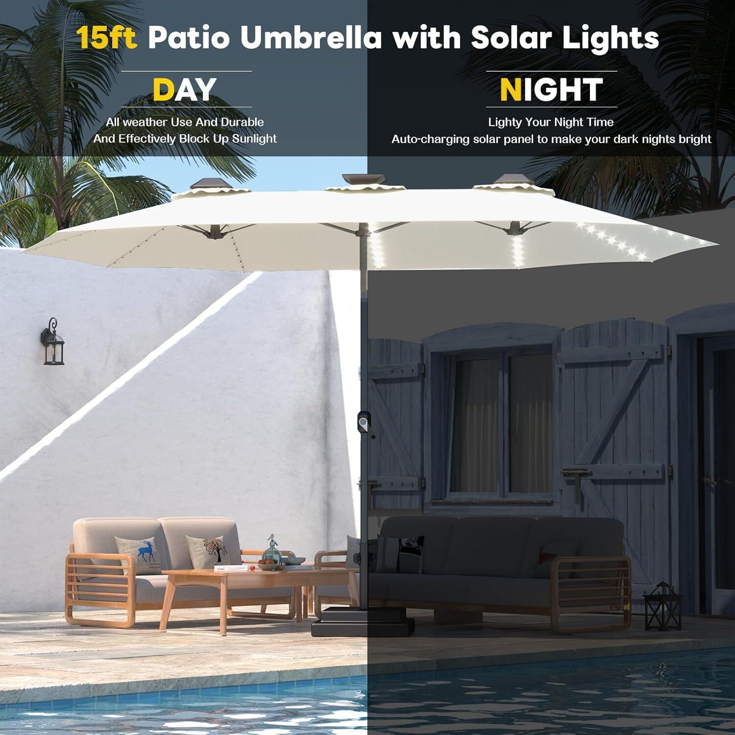 Solar 15ft Double Sided Patio Umbrella with Crank Handle & Integrated LED Lights