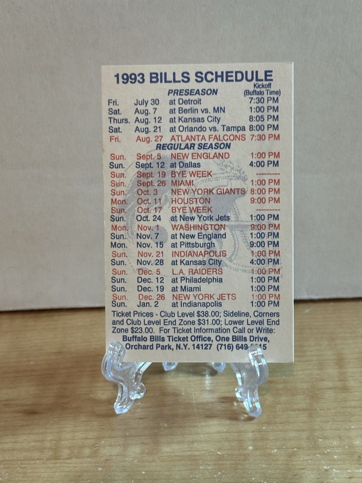 1993 Buffalo Bills Pocket Schedule , Southtown Sports Center
