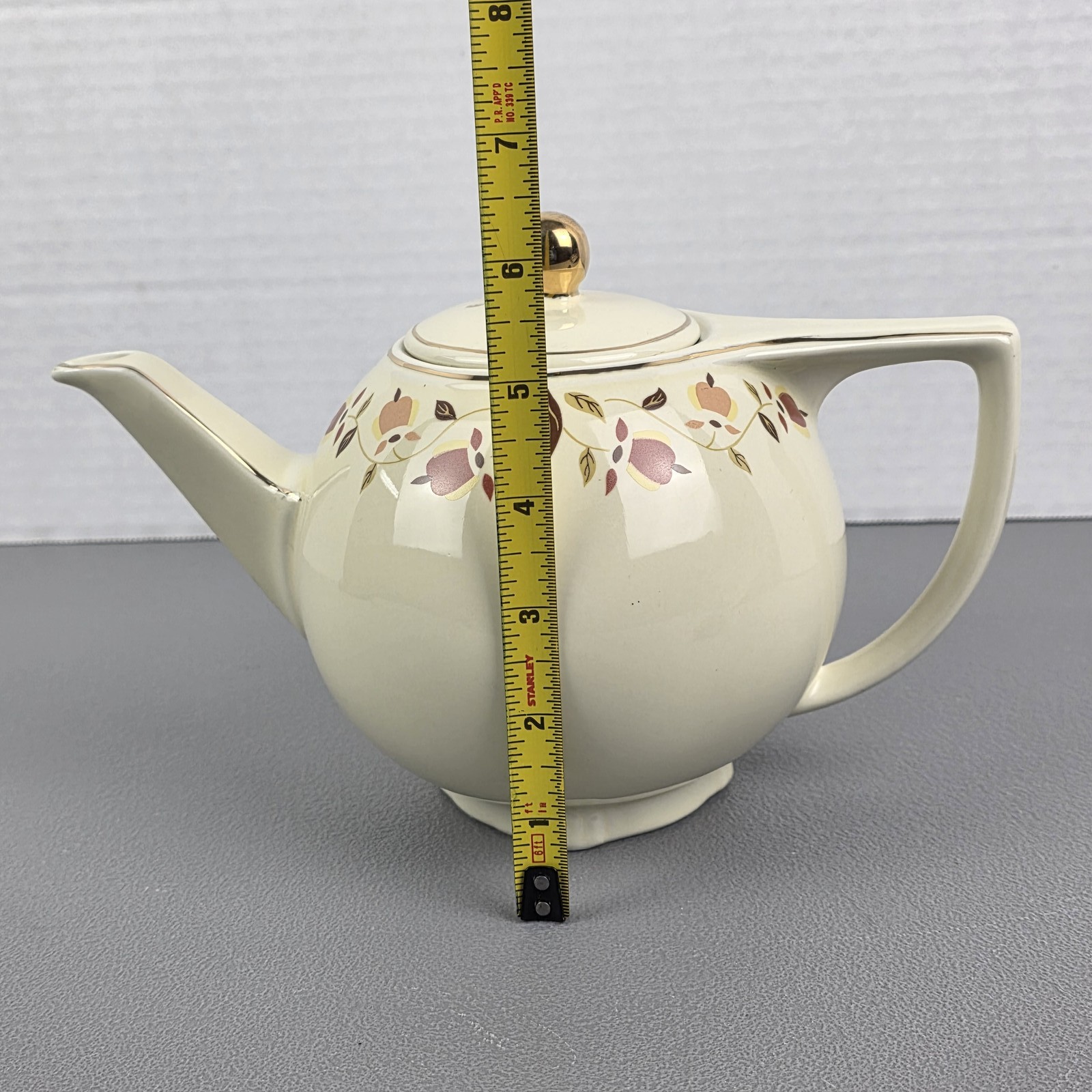 Vintage Cream Teapot with Gold Trim & Floral Pattern, Mid-Century Style