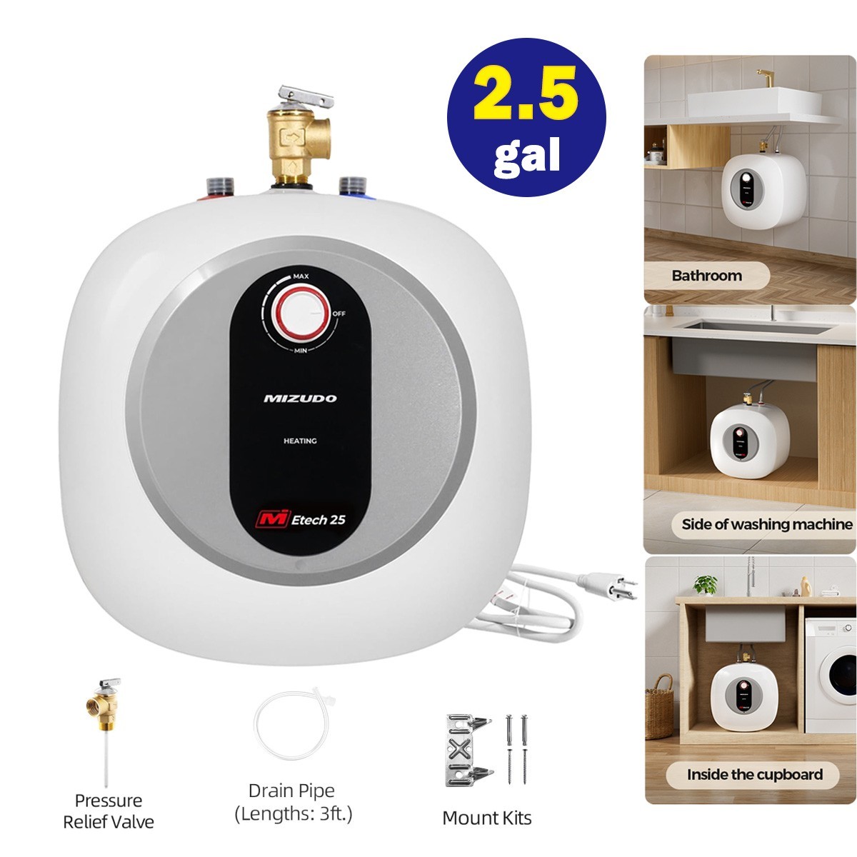 2.5 Gallon Mini-Tank Water Heater Electric Under Sink Instant Hot Water 120V AC