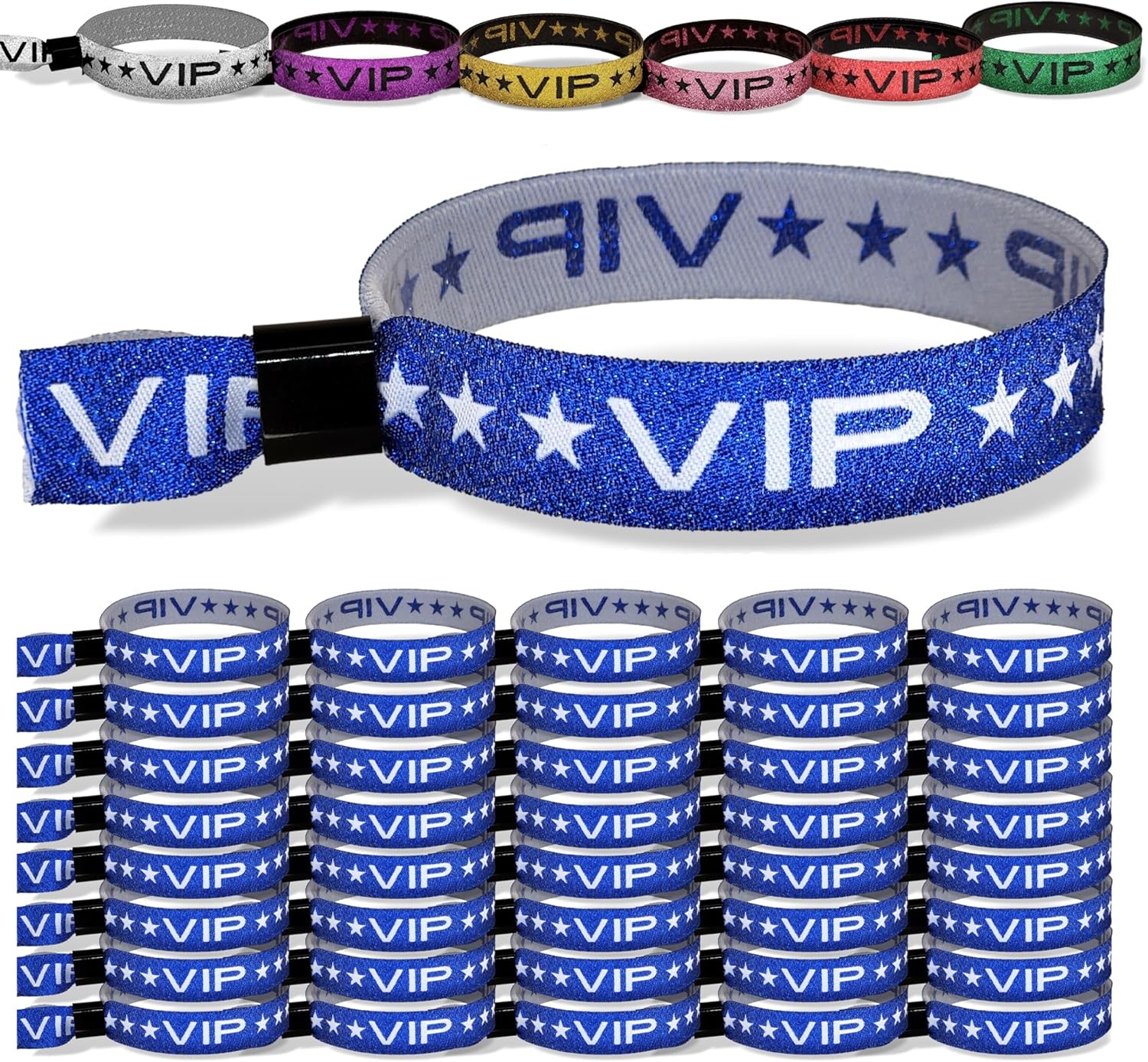 100 Pack Blue Glitter VIP Party Wristbands with Secure Locking Clip. Must Have A