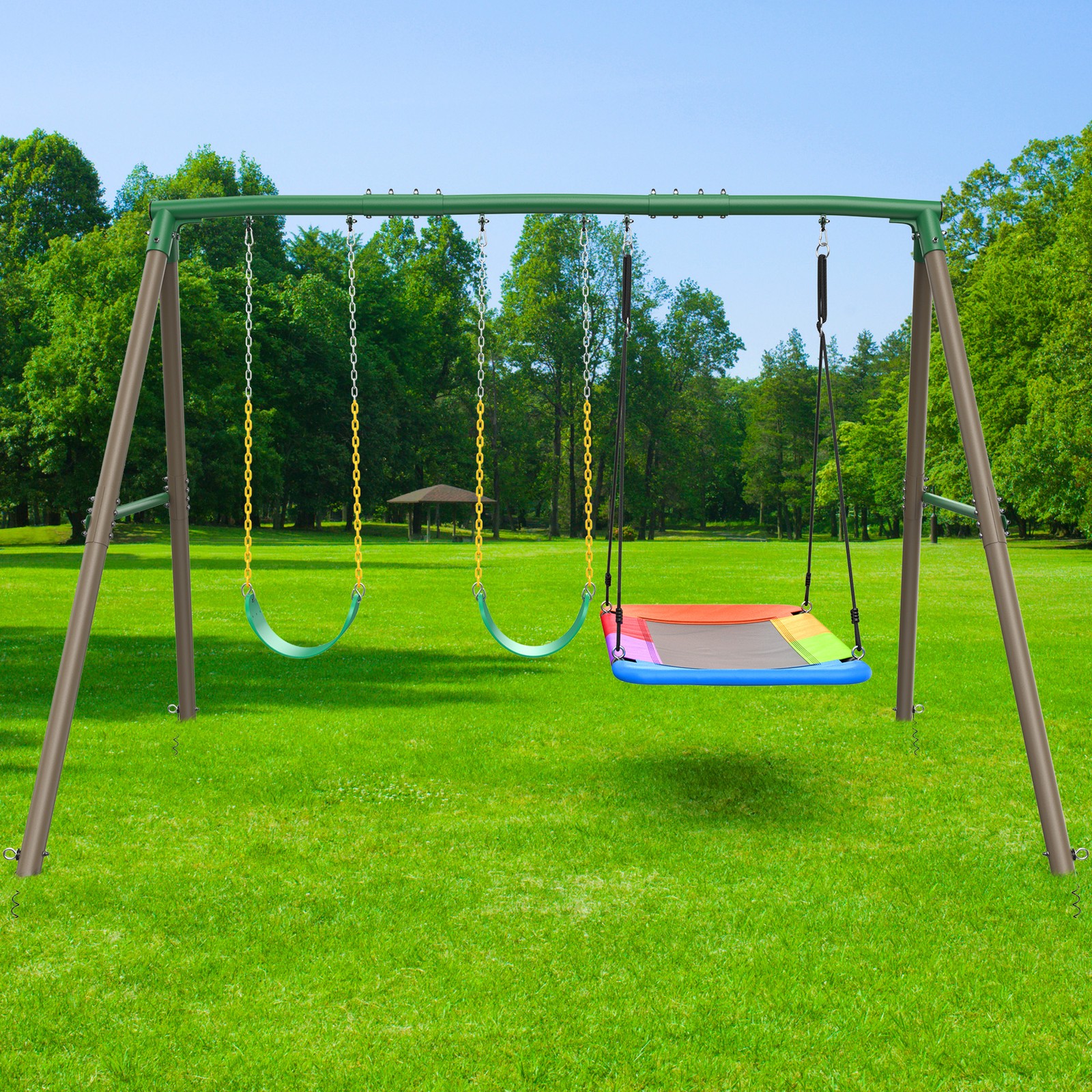 600lb 7.3ft Heavy Duty Frame Metal Swing Set w/3 Swings for Kids Outdoor Playset
