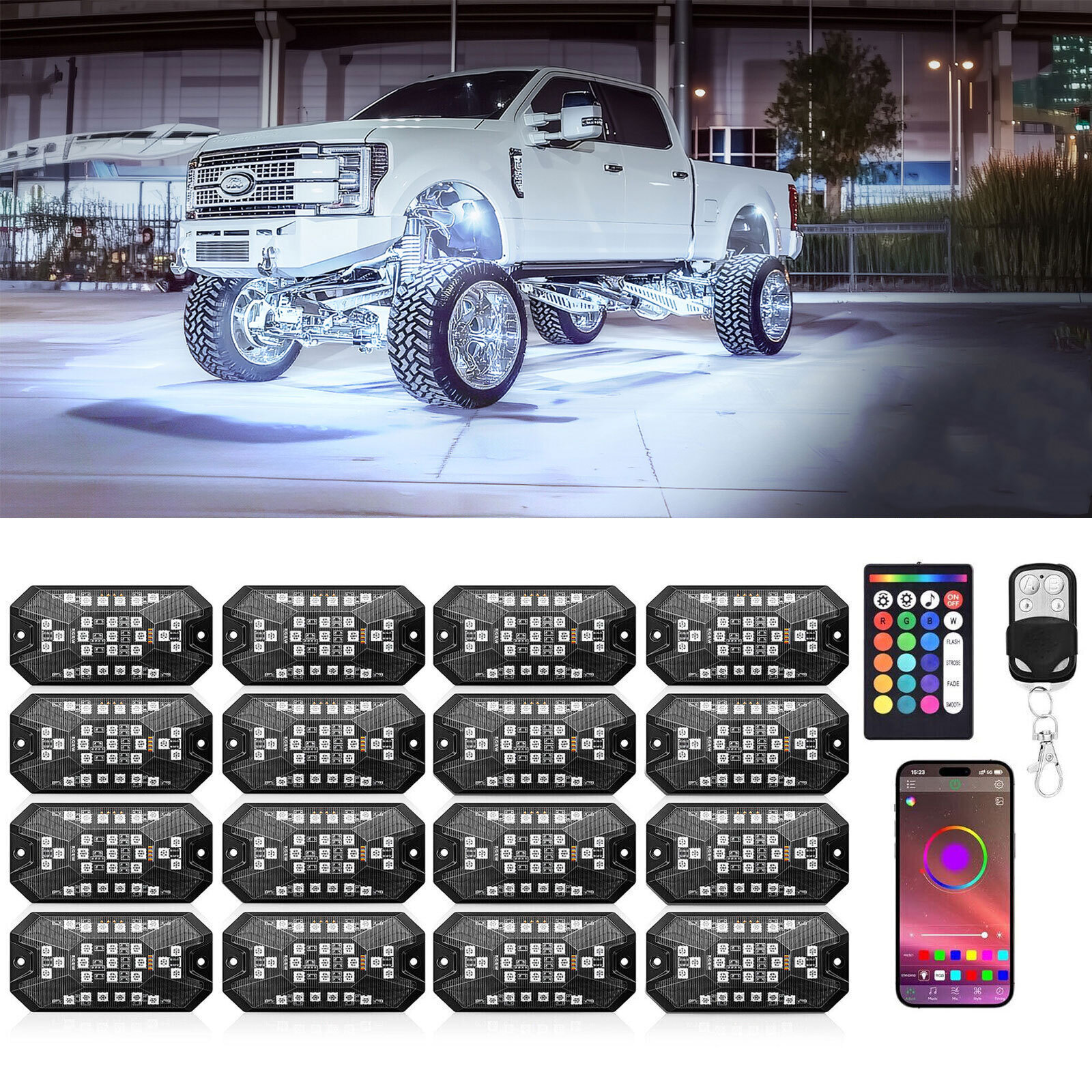 16-Pods RGBW LED Underglow Rock Lights for Trucks Cars, App & Remote Controller