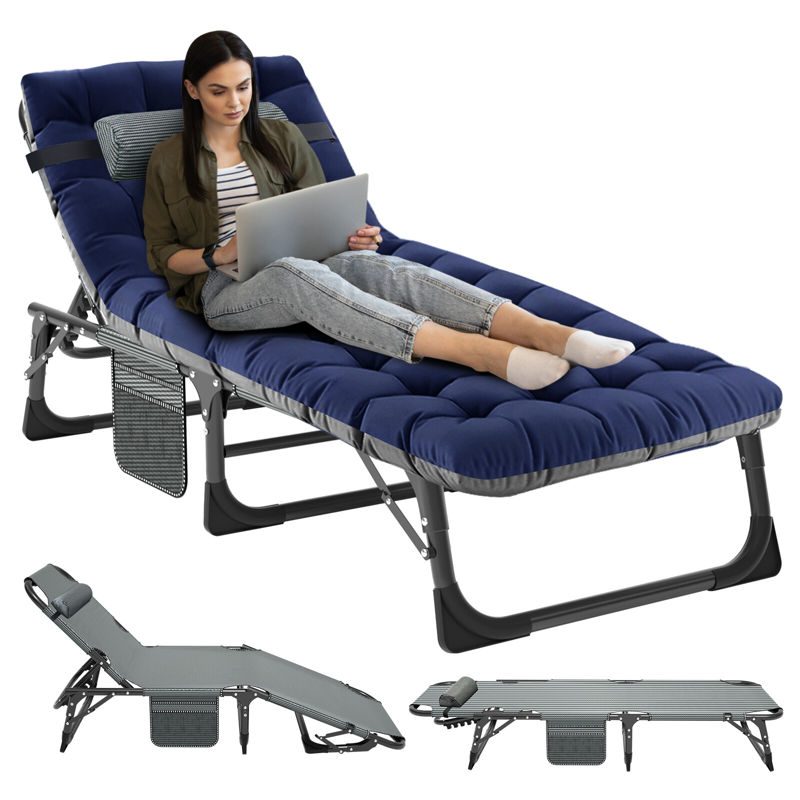 Folding Reclining Cot Outdoor Beach Patio Chaise Lounge Chair Pool With Blue Pad