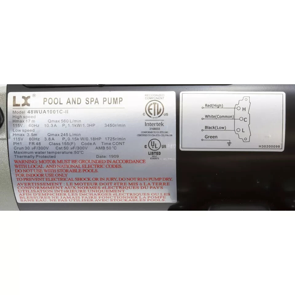 Lingxiao 8WUA1001C-II Pump, LX 48WUA, 1.0hp, 115v, 2-Spd, 48Fr, 2"