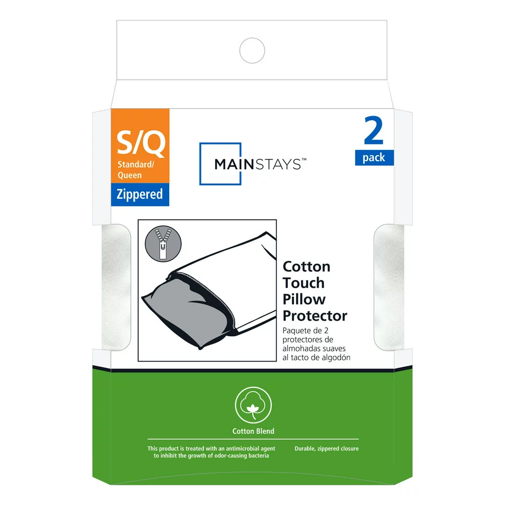 Mainstays Cotton Touch Zippered Pillow Protector, Standard/Queen, 2 Pack