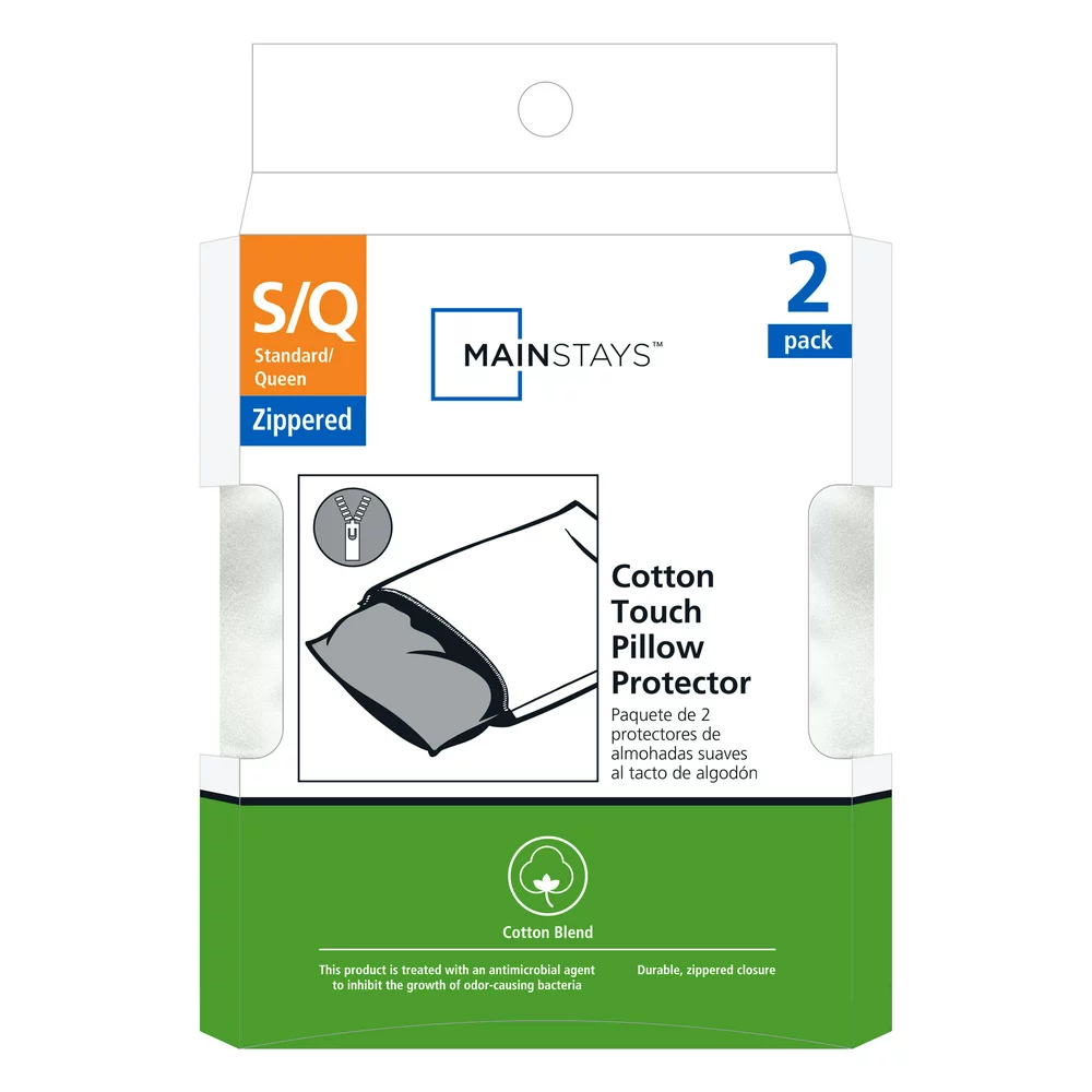 Mainstays Cotton Touch Zippered Pillow Protector, Standard/Queen, 2 Pack