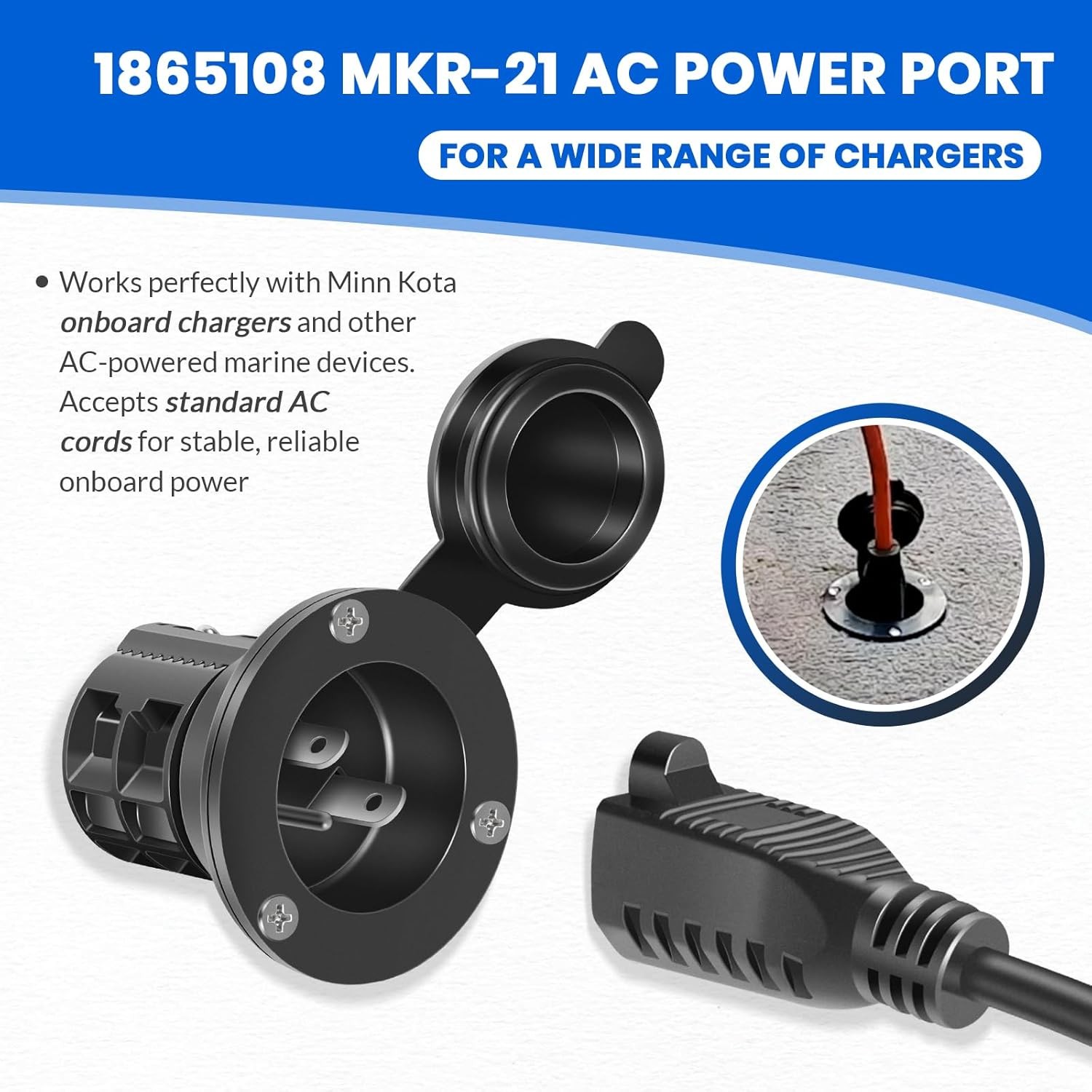 1865108 MKR-21 AC Power Port for Minn Kota Onboard Chargers, w/Cover, Black