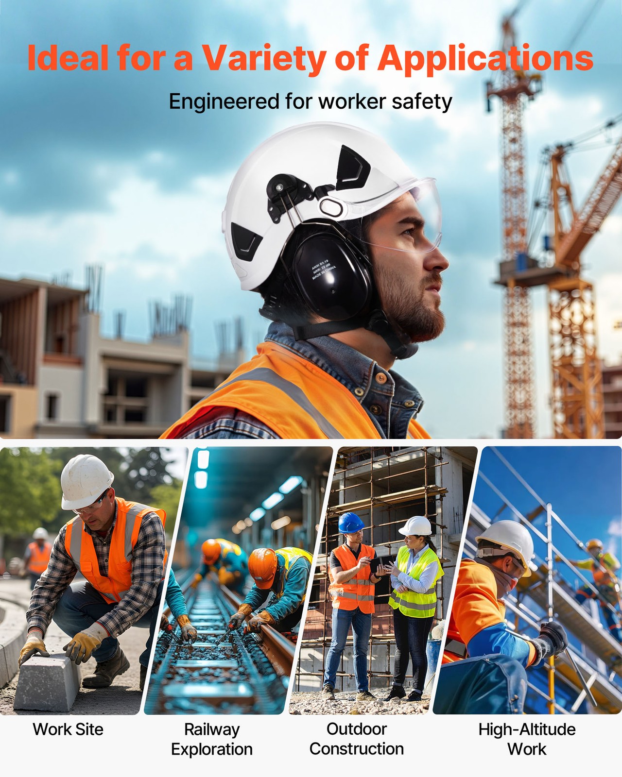 VEVOR Industrial Safety Helmet with Visor and Earmuffs Adjustable Vented Hardhat