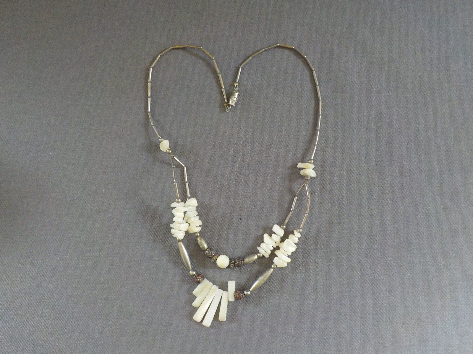 Vintage Spikey Black & Shell Necklace Silver Tone Metal Single & Double Strand