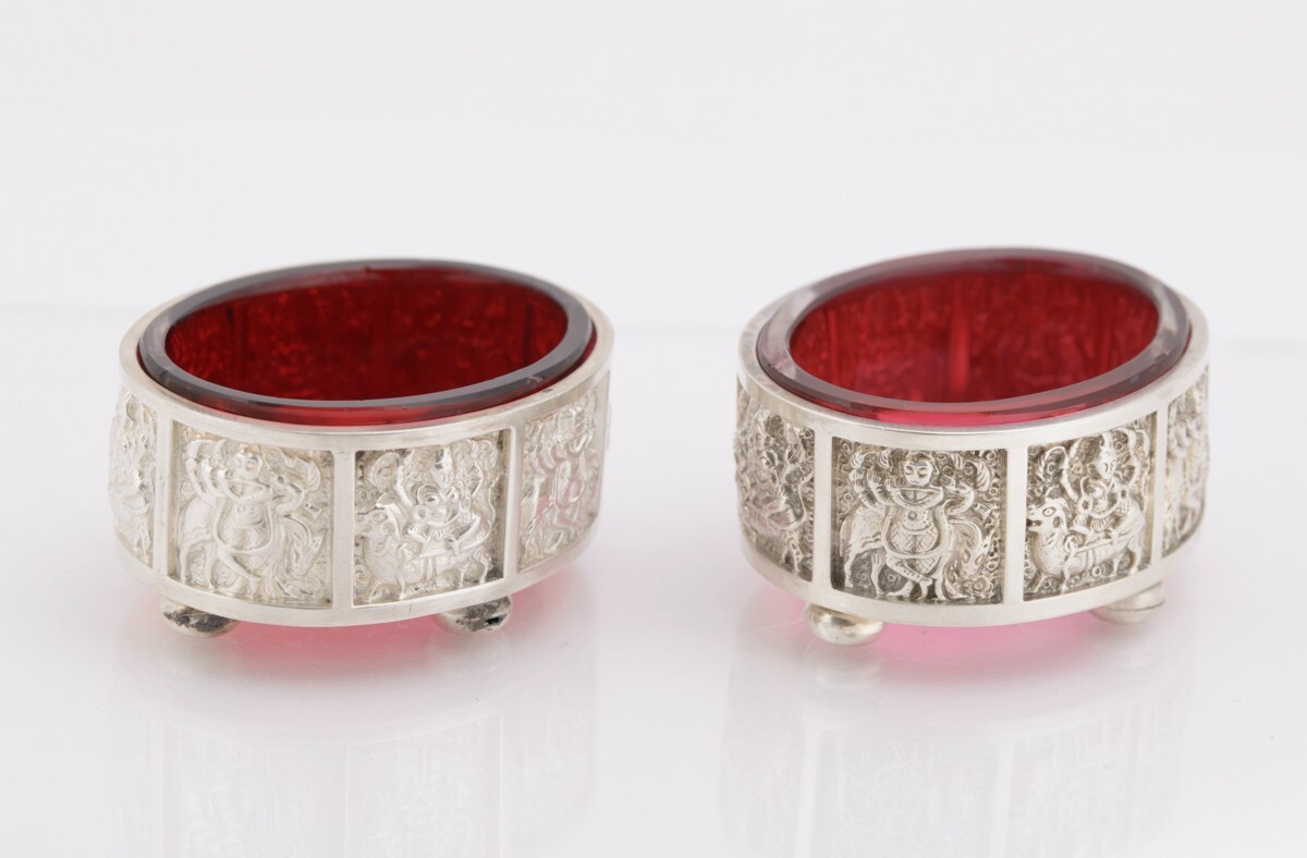 Pair Antique Victorian Sterling Silver & Cranberry Glass Salts Hallmarked 1888