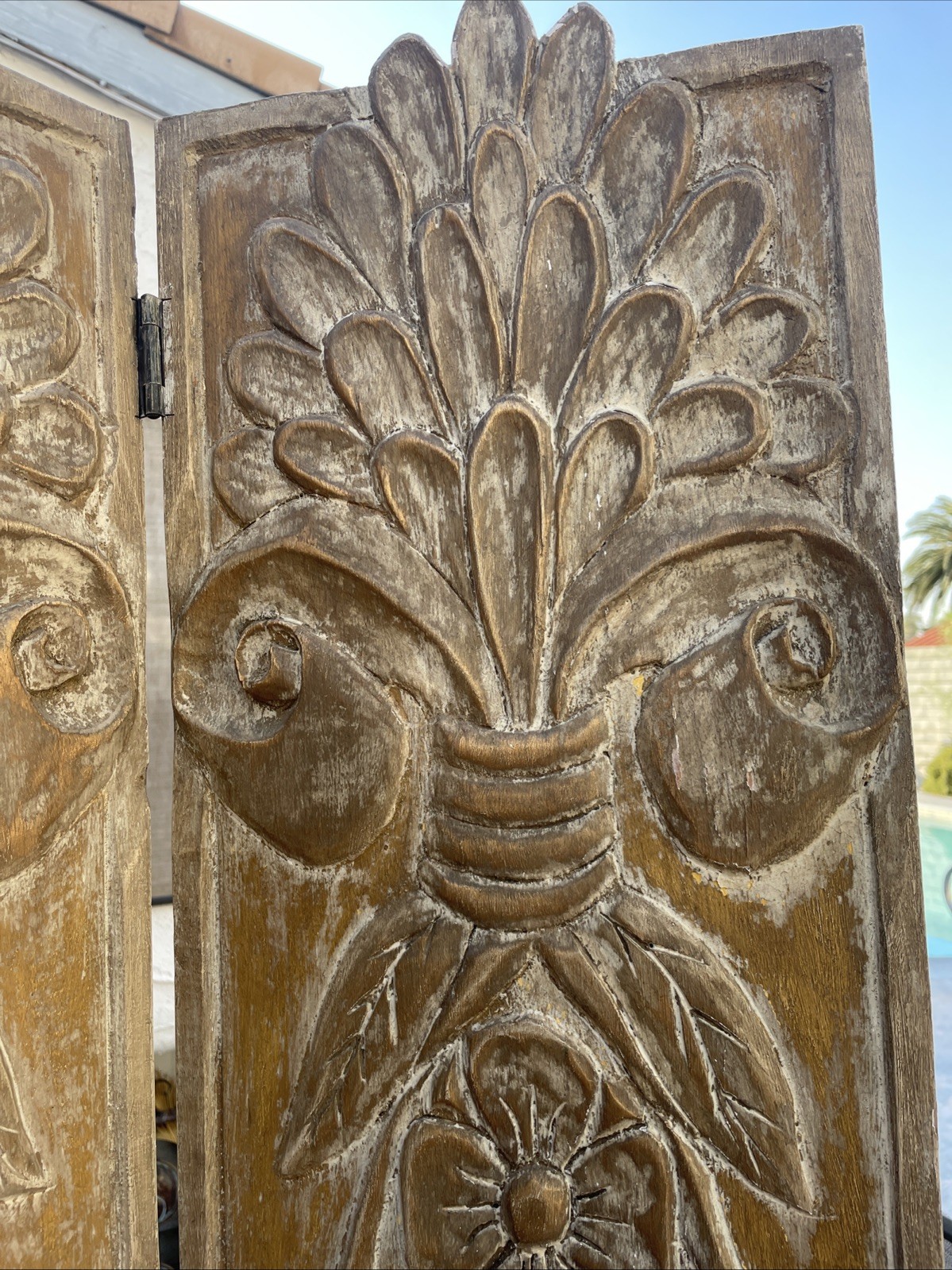 Retro Style Handcrafted 60’s Solid Wood Carved 4 Panel Divider Heavy Rare