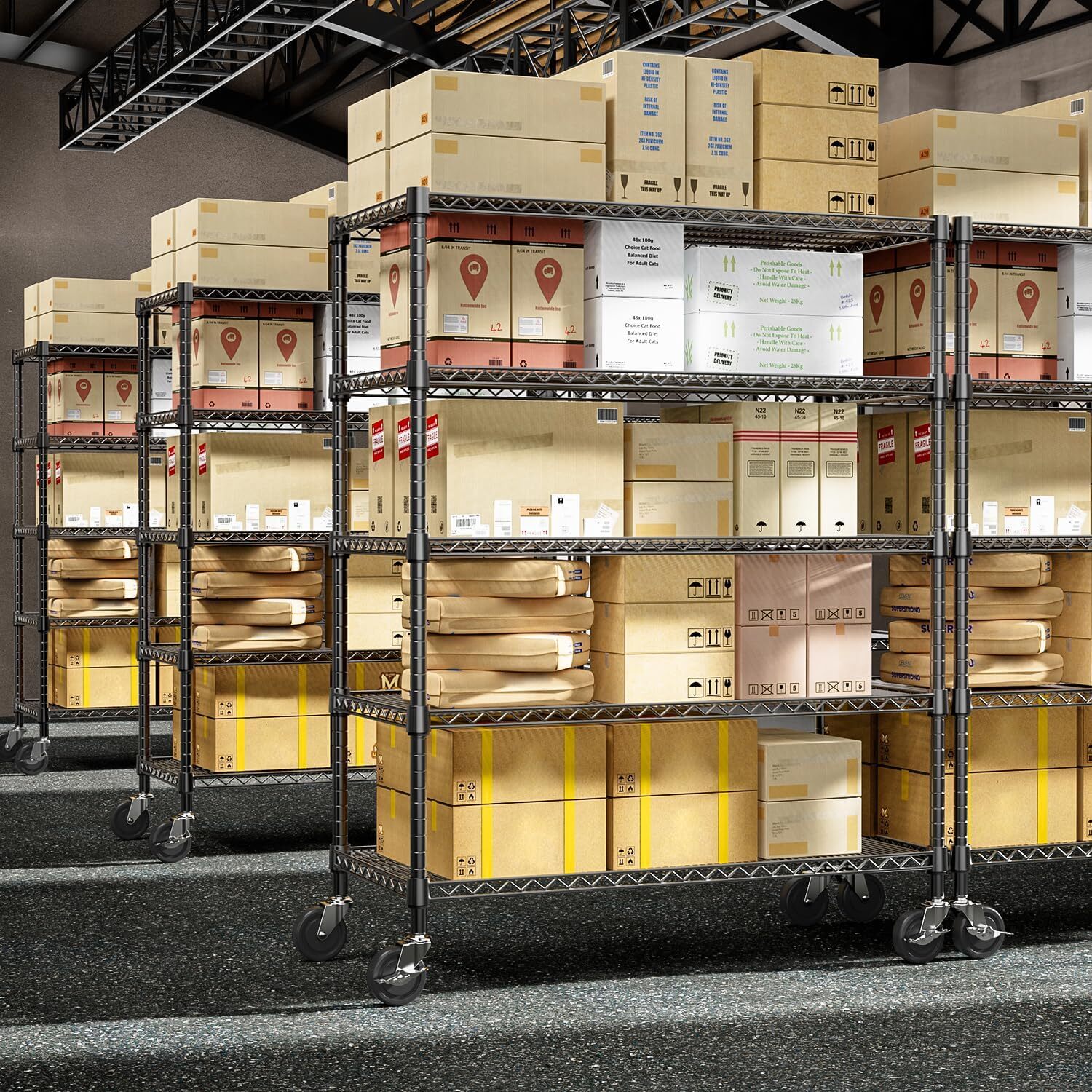 M MZG 5 Tier Heavy-duty Metal Shelves Wheel Shelves Units Adjustable Duty Rack