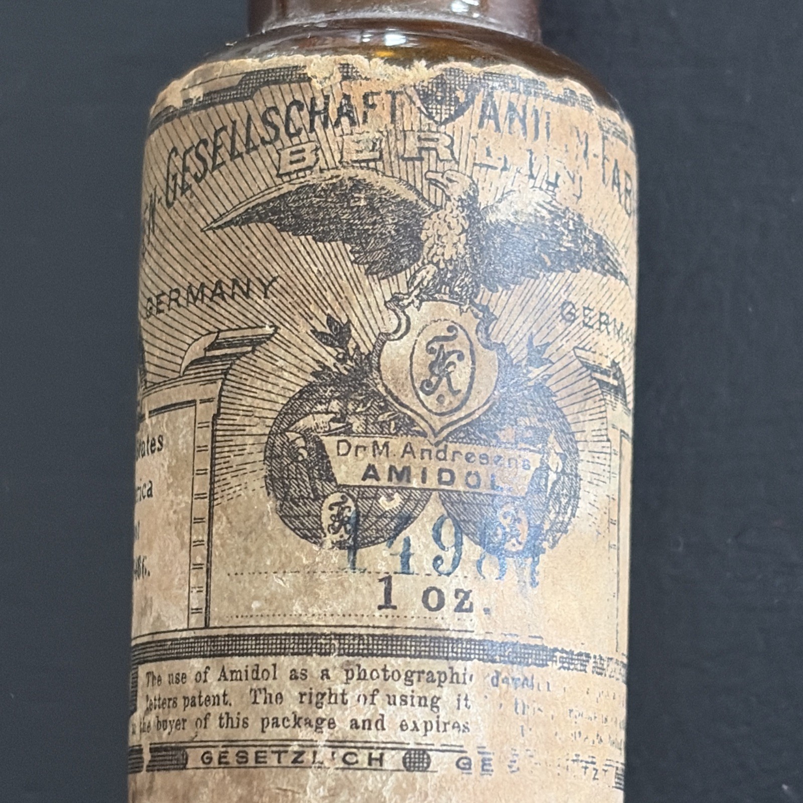 Antique Brown Bottle w Cork Photography Camera Amidol Solution GERMANY US PATENT