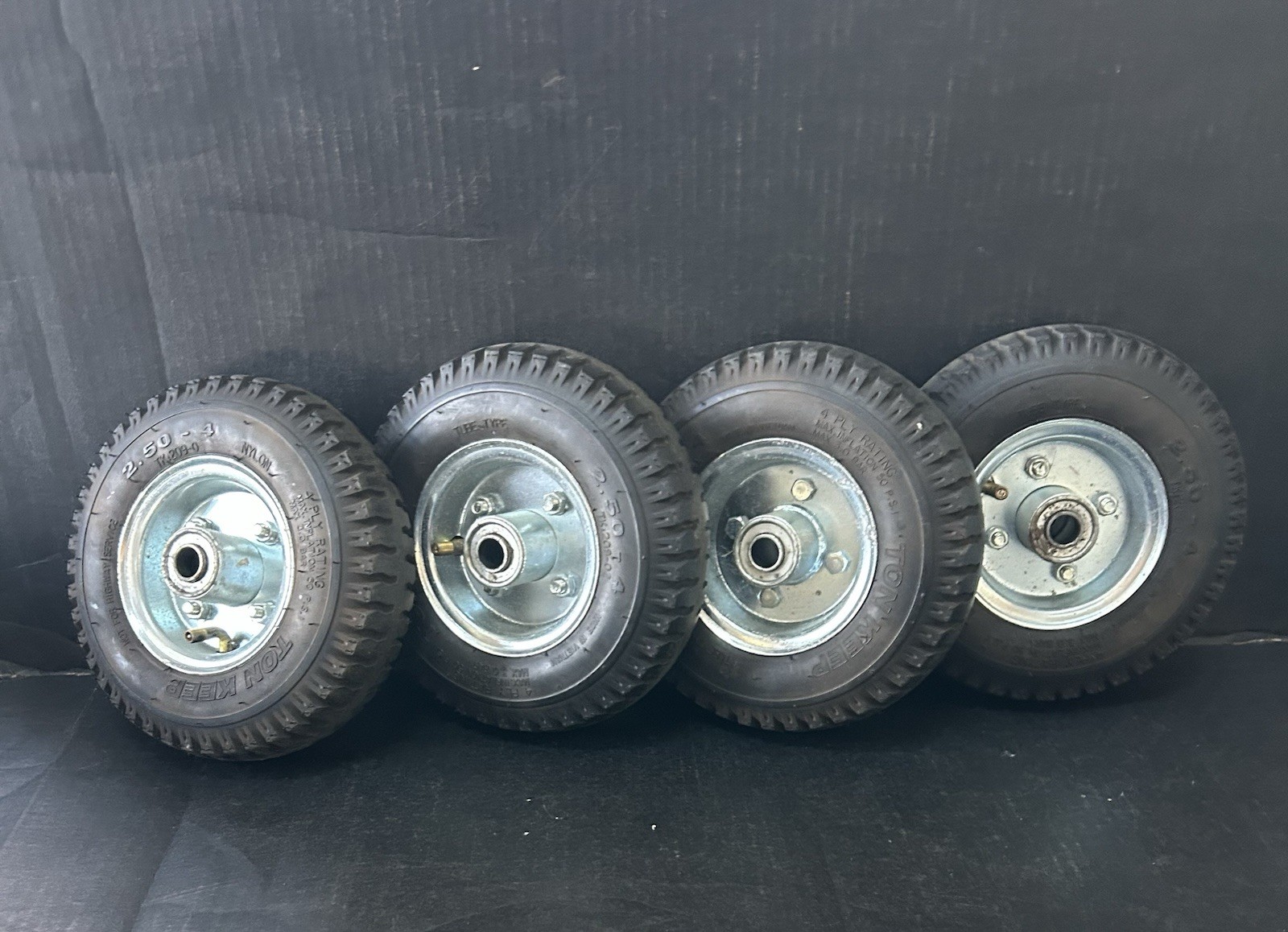 4 Ton Keep 9" Tires on Rims, 250-4 Nylon 50 Max PSI - Ready to Mount and Roll