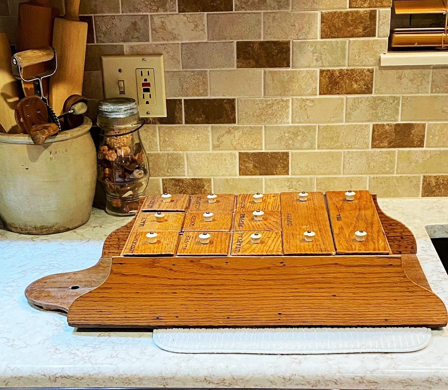 Antique OAK Wood Apothecary Spice Cabinet Primitive 11 Labeled Drawers 24" x 10"