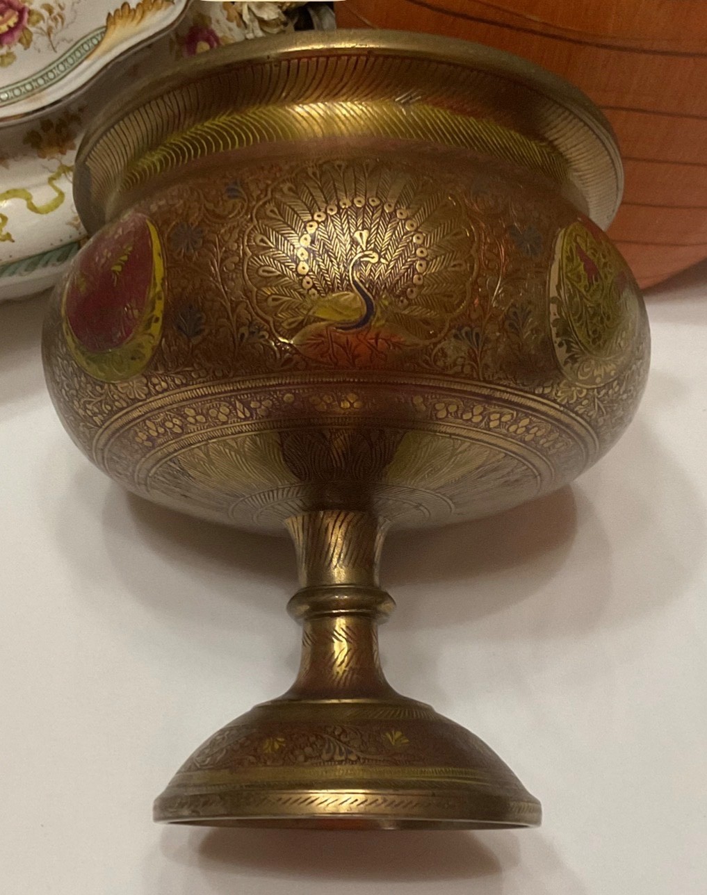 Etched Brass Pedestal Bowl Urn Peacock Floral Motif 7.3lb Ornate Centerpiece