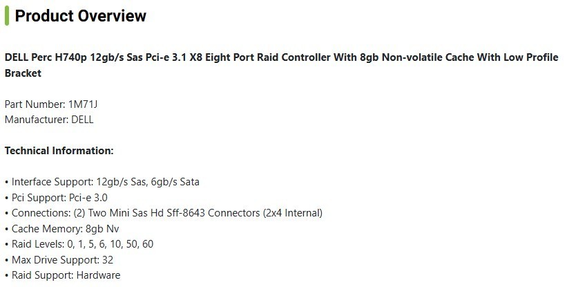 Dell 1M71J✅PERC H740P 12Gb/s SAS Raid Controller Card with Battery✅LOW Profile