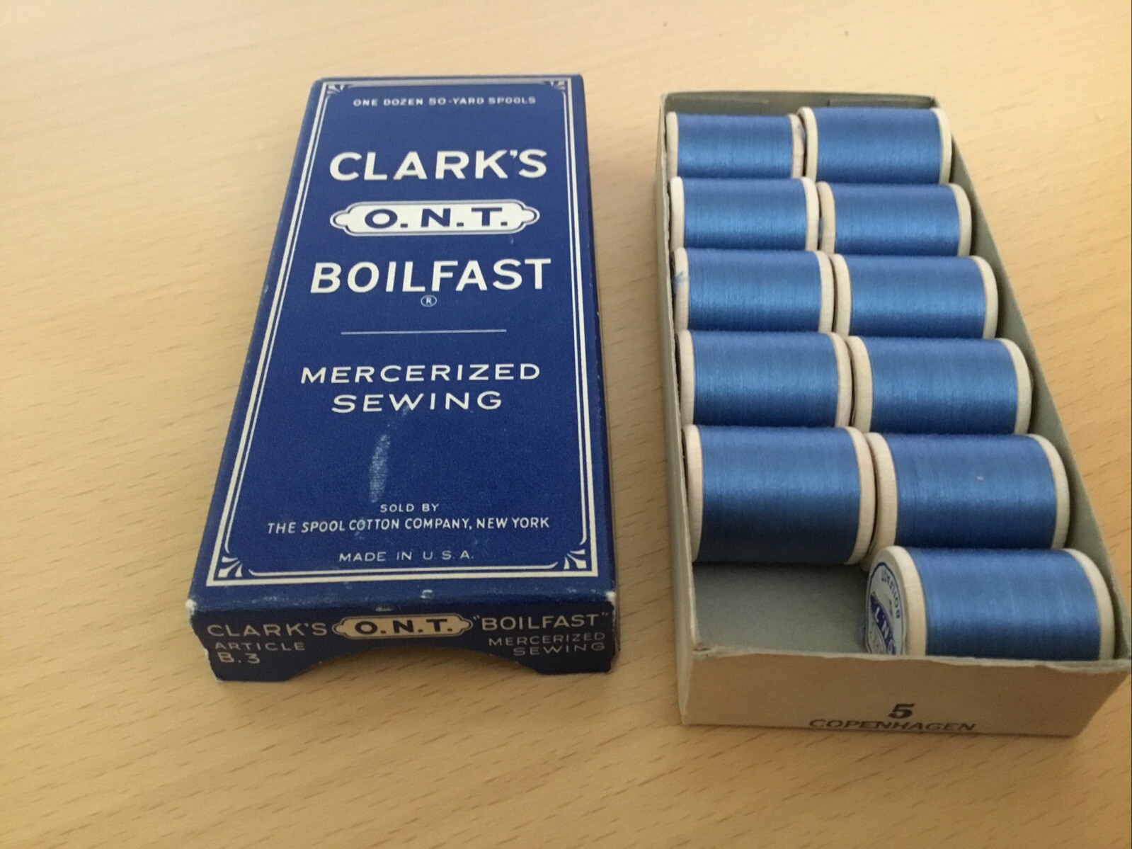 Clark's O.N.T. Boilfast Mercerized Sewing Thread Original Box 11 Wood Spools