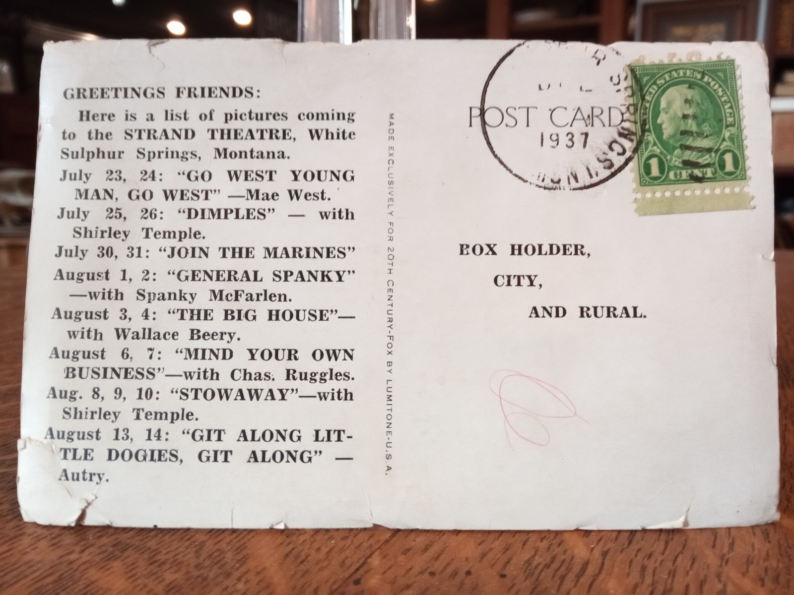 1937 US 1 Cent Green Franklin Stamp on Postcard with Shirley Temple Image