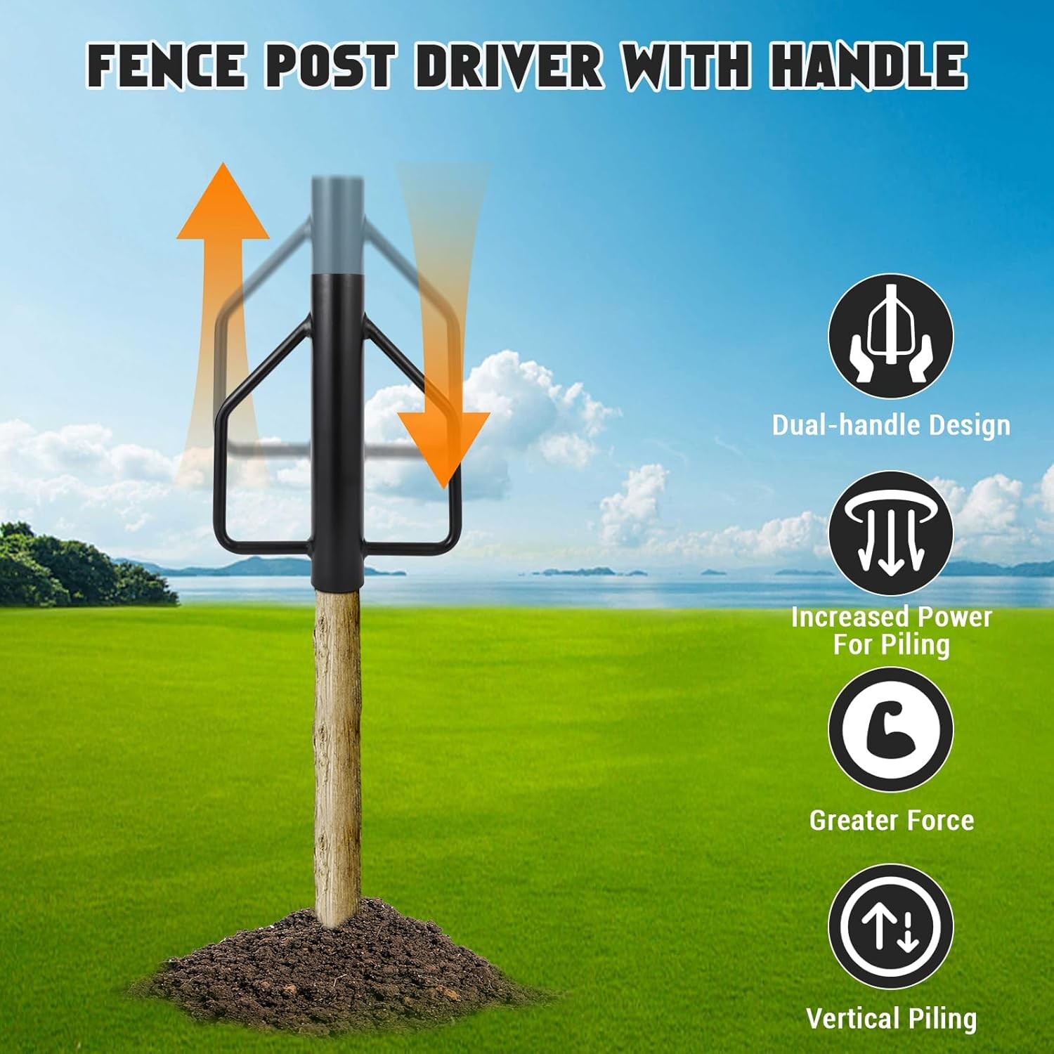 Heavy Duty Fence Post Driver w Handles Fits 2–6" Posts Steel T-Post Pounder