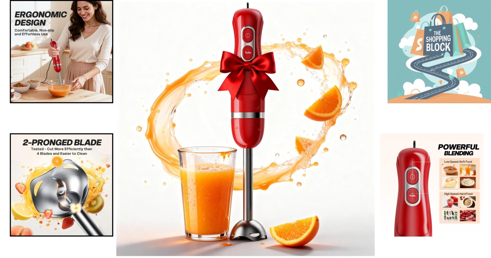 Red Handheld Immersion Blender, 2-Speed, Stainless Steel, Corded