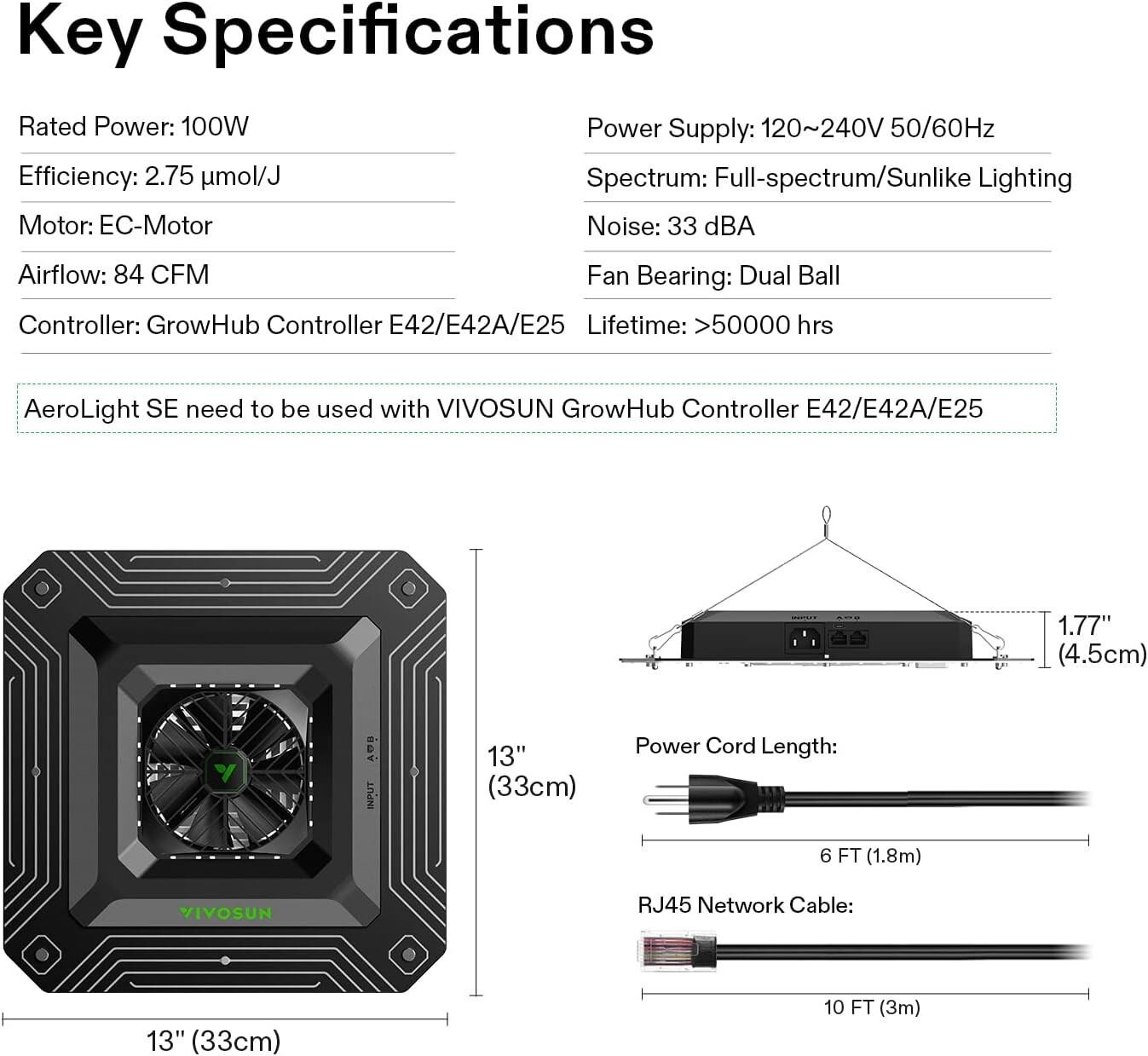 VIVOSUN AeroLight A100SE 100W LED,T4 210CFM Inline Duct Fan,E42A WiFi-Controller