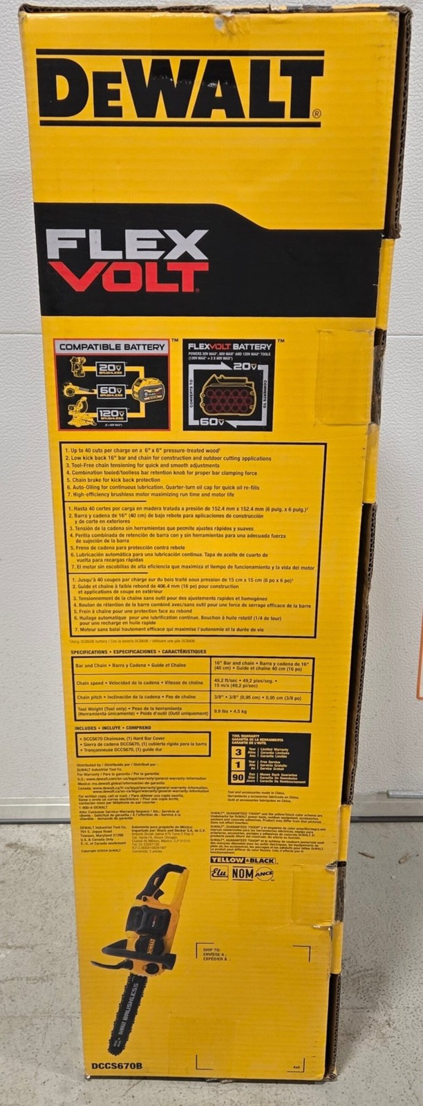 Dewalt DCCS670B 16in. Brushless Cordless Battery Powered Chainsaw (Tool Only) FL