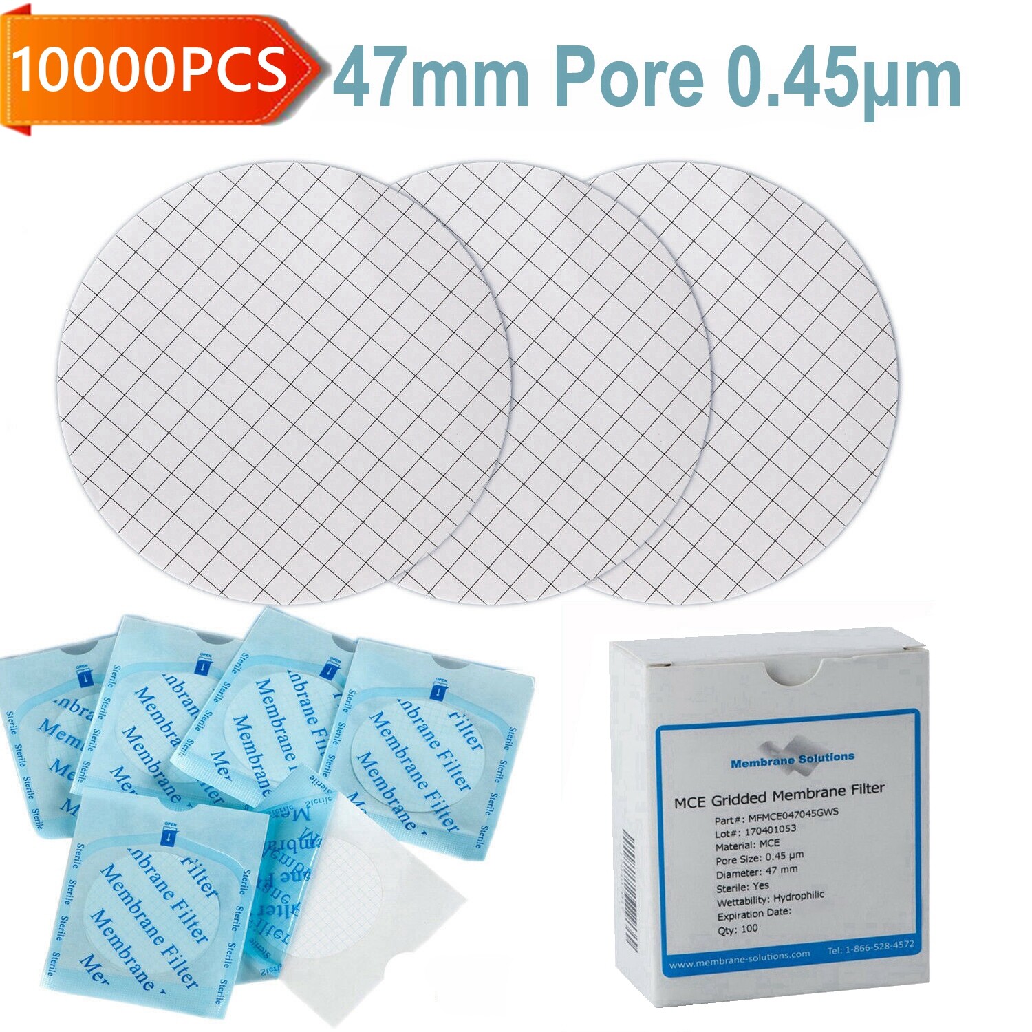 MCE Gridded Membrane Filters, 47mm Diameter, 0.22 um 0.45 μm Pore Size, STERILE