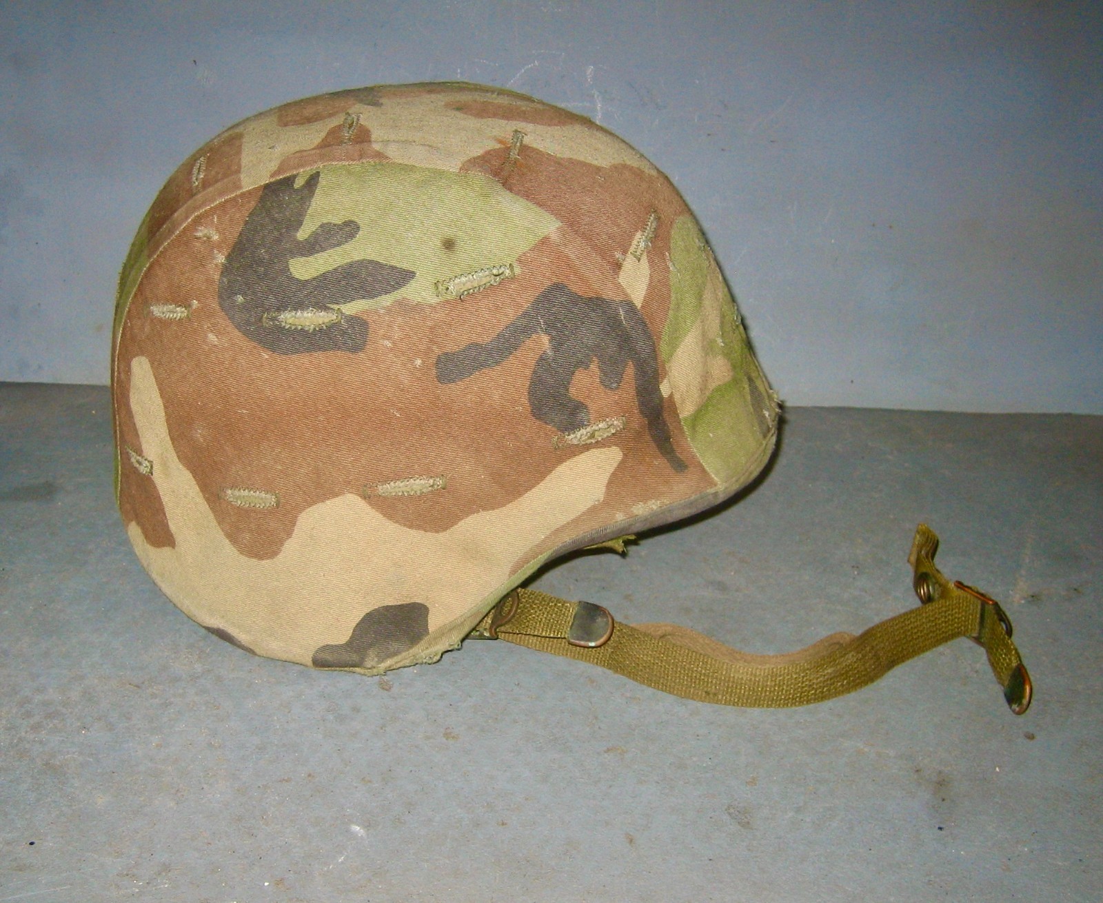U.S. Military Combat Helmet made with Kevlar + Camo Cover, Chin Strap, & Webbing