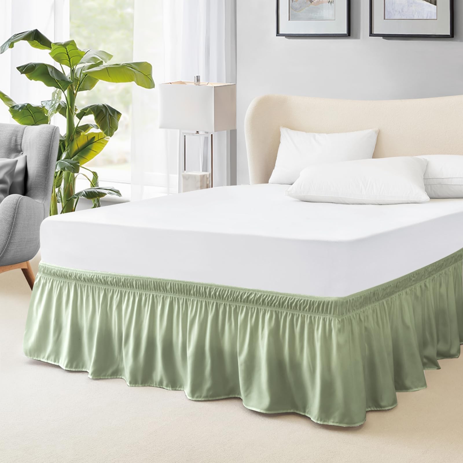 Queen Bed Skirt Elastic Fit 15-Inch Drop Sage Green Hotel Quality